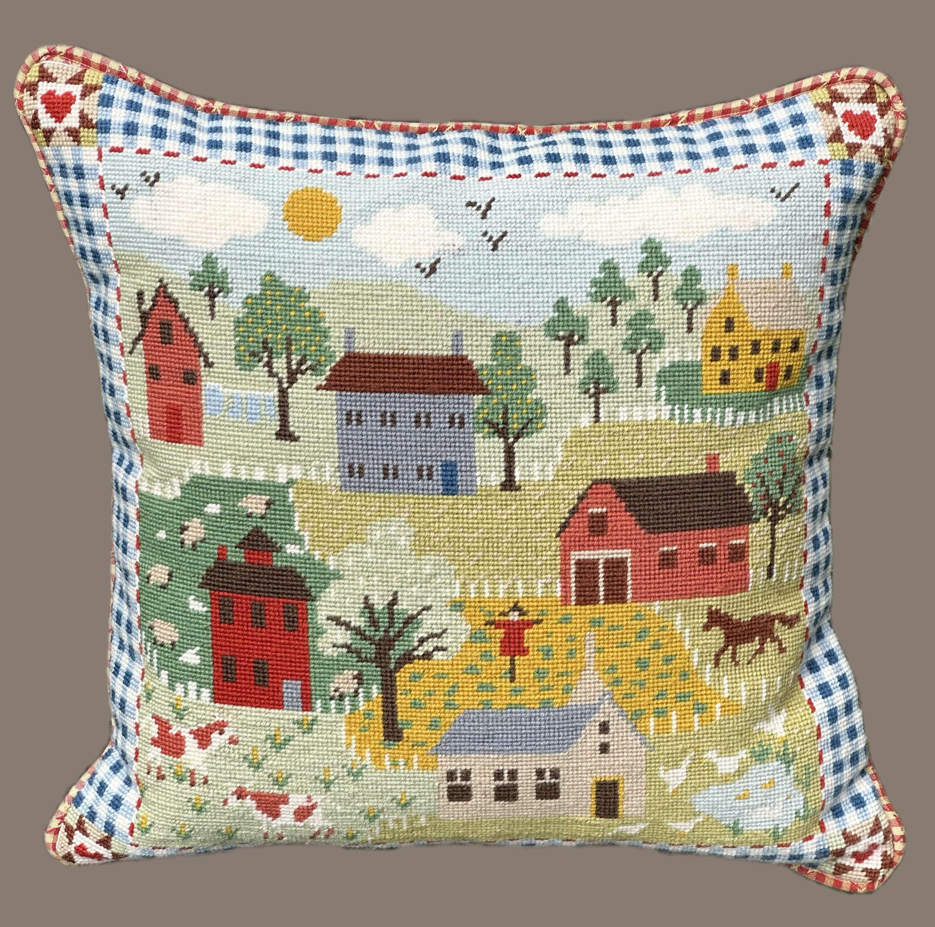 Country Scene Finished Needlepoint Pillow Knife Edge Needlepoint Pillow with Cording
